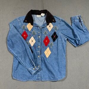 Rare Vintage‎ Womens Argyle Denim Shirt Corduroy Collar Embroidered Beaded PM